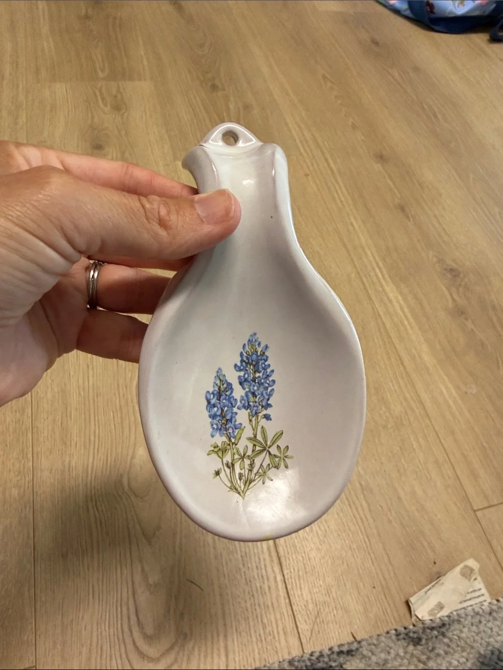 Frankoma vintage pottery White Ceramic Spoon Rest with Blue Floral Accent Texas